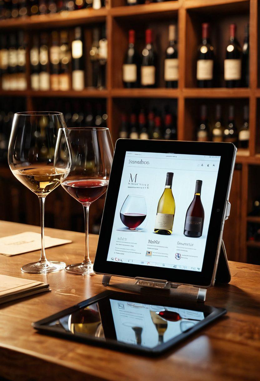 A sophisticated wine tasting scene featuring diverse wine bottles, elegant glasses, and a modern tablet displaying software analytics related to wine sampling. The ambiance should be warm and inviting, with soft lighting and subtle reflections on the glassware. Incorporate elements of innovation through sleek tech gadgets seamlessly blending into the traditional wine setup. super-realistic. warm tones. soft focus.