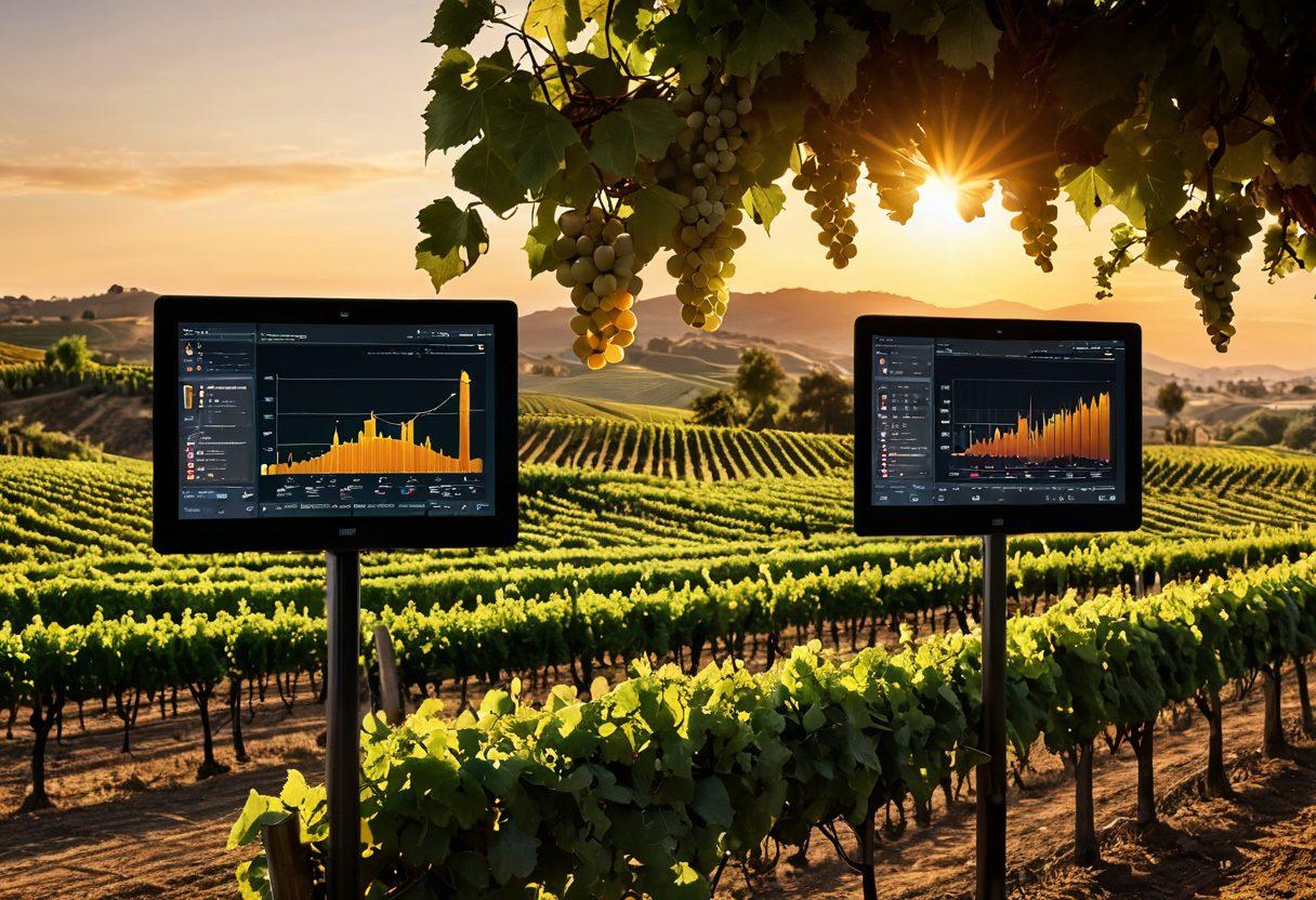 A lush vineyard landscape at sunset, with rows of grapevines glistening in the golden light. A sleek computer interface displays wine analytics and graphs hovering above the grapes, symbolizing technology's integration into viniculture. A diverse group of wine enthusiasts and professionals discuss passionately while tasting wine, showcasing camaraderie and innovation. The scene exudes warmth and sophistication. vibrant colors. super-realistic. 