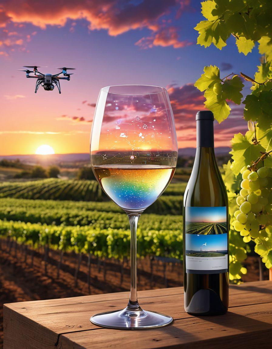 An artistic representation of a modern vineyard with lush grapevines, surrounded by advanced technology like drones and sensors monitoring the grapes. In the foreground, a futuristic wine glass filled with sparkling wine reflects a holographic display showcasing data analytics about the wine. The sky is a beautiful sunset, adding warmth to the scene. super-realistic. vibrant colors. 3D.